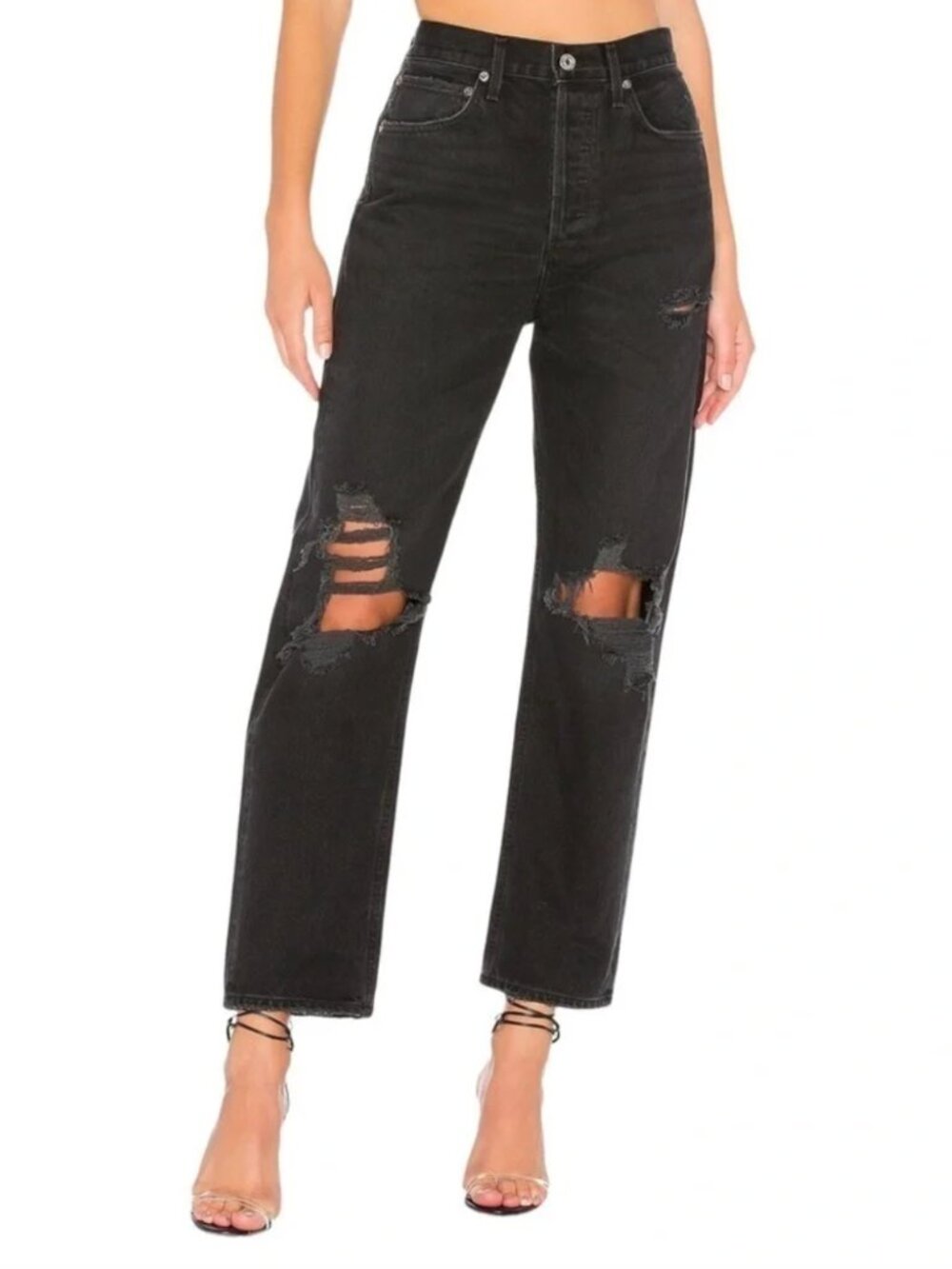 Agolde 90s High Rise Loose Fit Distressed Ripped Black Jeans in Audio Size 24